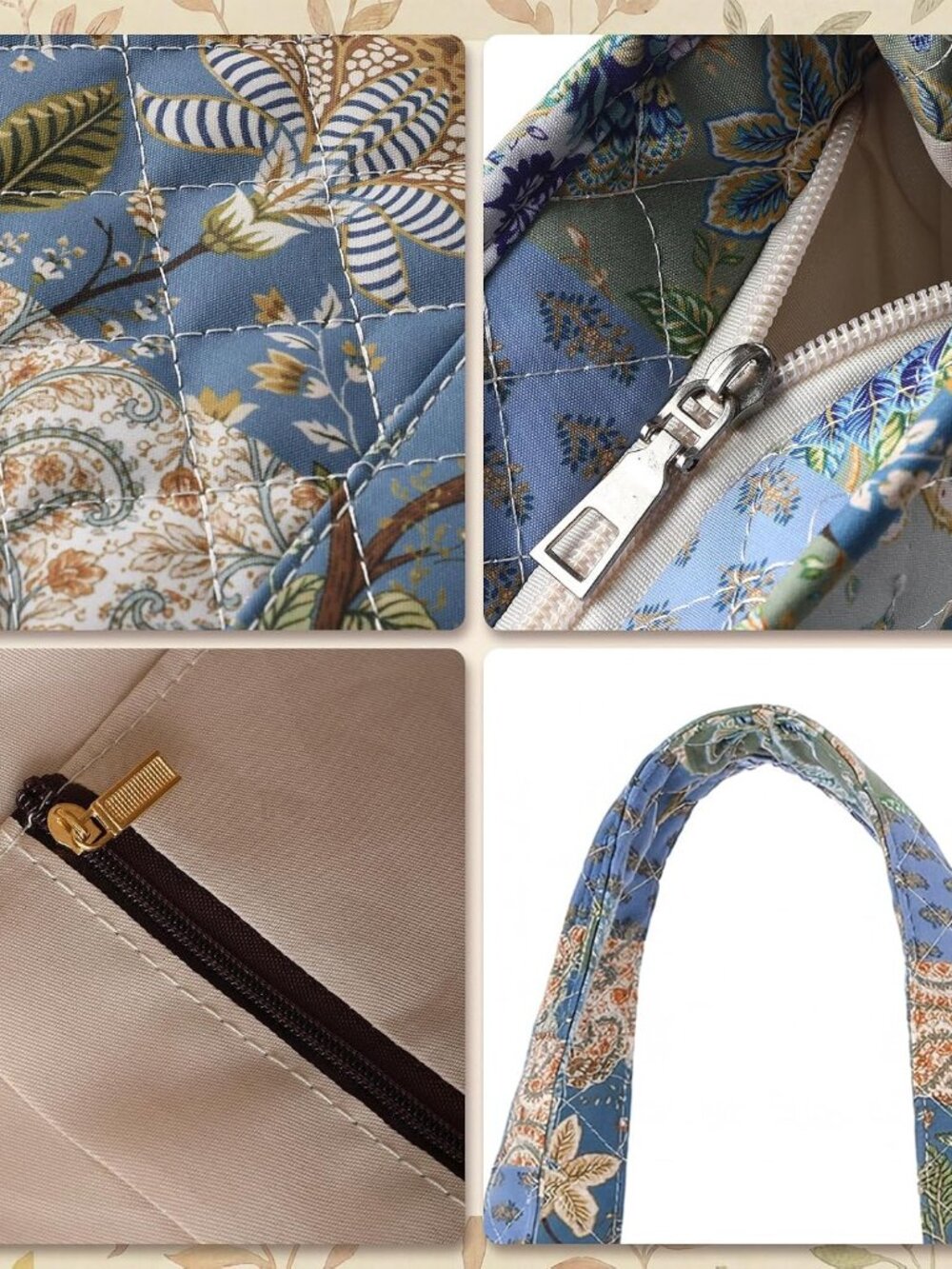 Quilted Tote Bag for Women Small Vintage Floral Shoulder Bag Handbag with Zipper - Picture 5 of 7